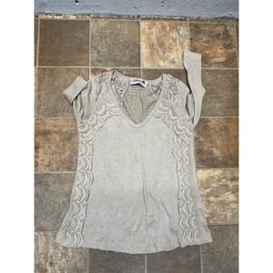 Glamour Farms Womens Oatmeal Beige Crochet Lace Trim V-Neck Long Sleeve Top S